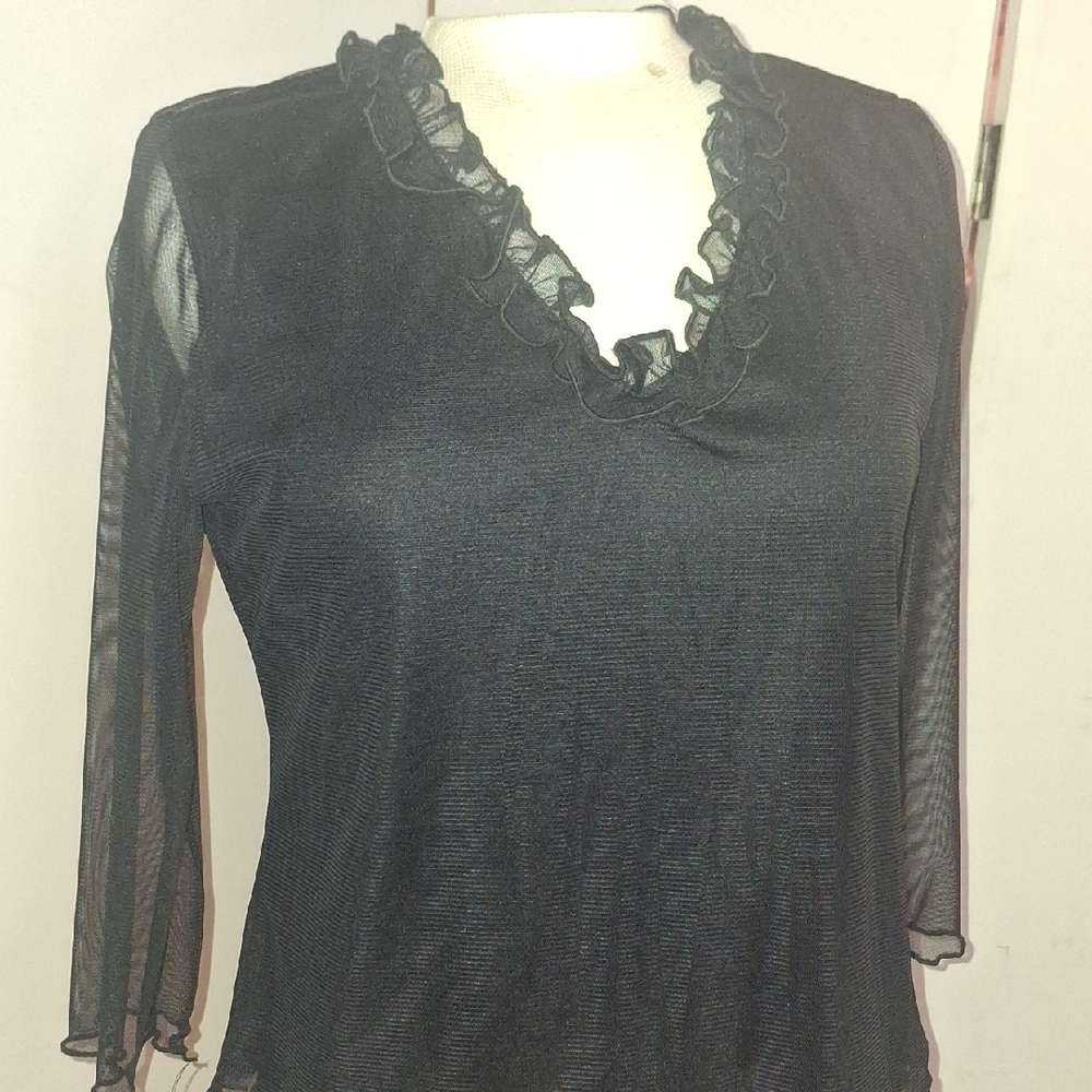 Women's Black Ruffle V-Neck Sheer Sleeve Top